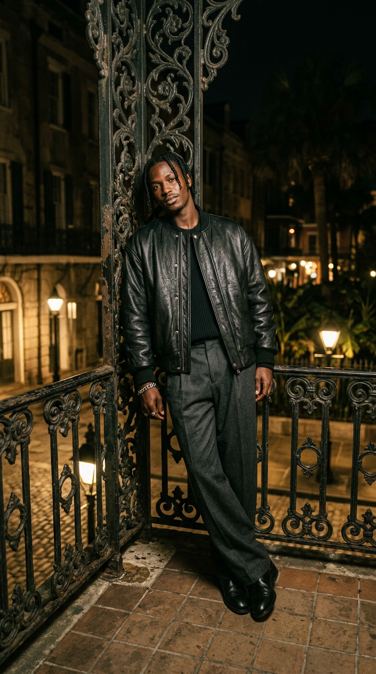 Model in the JUZANG lambskin bomber and pleated wool trousers beside a wrought iron balcony at night
