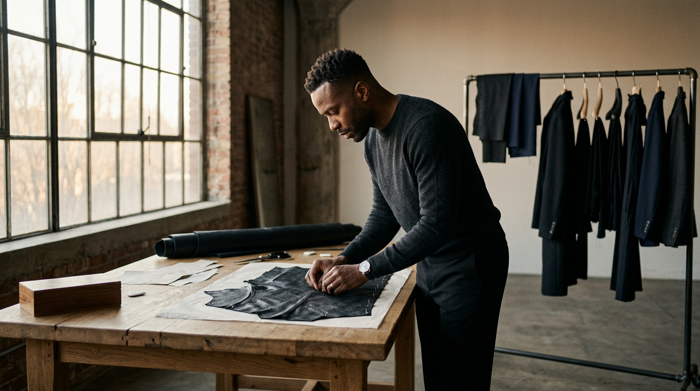 JUZANG designer pinning leather pattern pieces in the design studio
